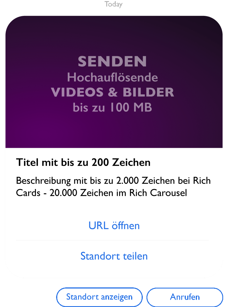 RCS Rich Card Beispiel mit RCS-Limits - hochauflösende Videos und Bilder bis 100 MB, Titel bis 200 Zeichen, Beschreibungen bis 2.000 Zeichen mit Aktionsbuttons