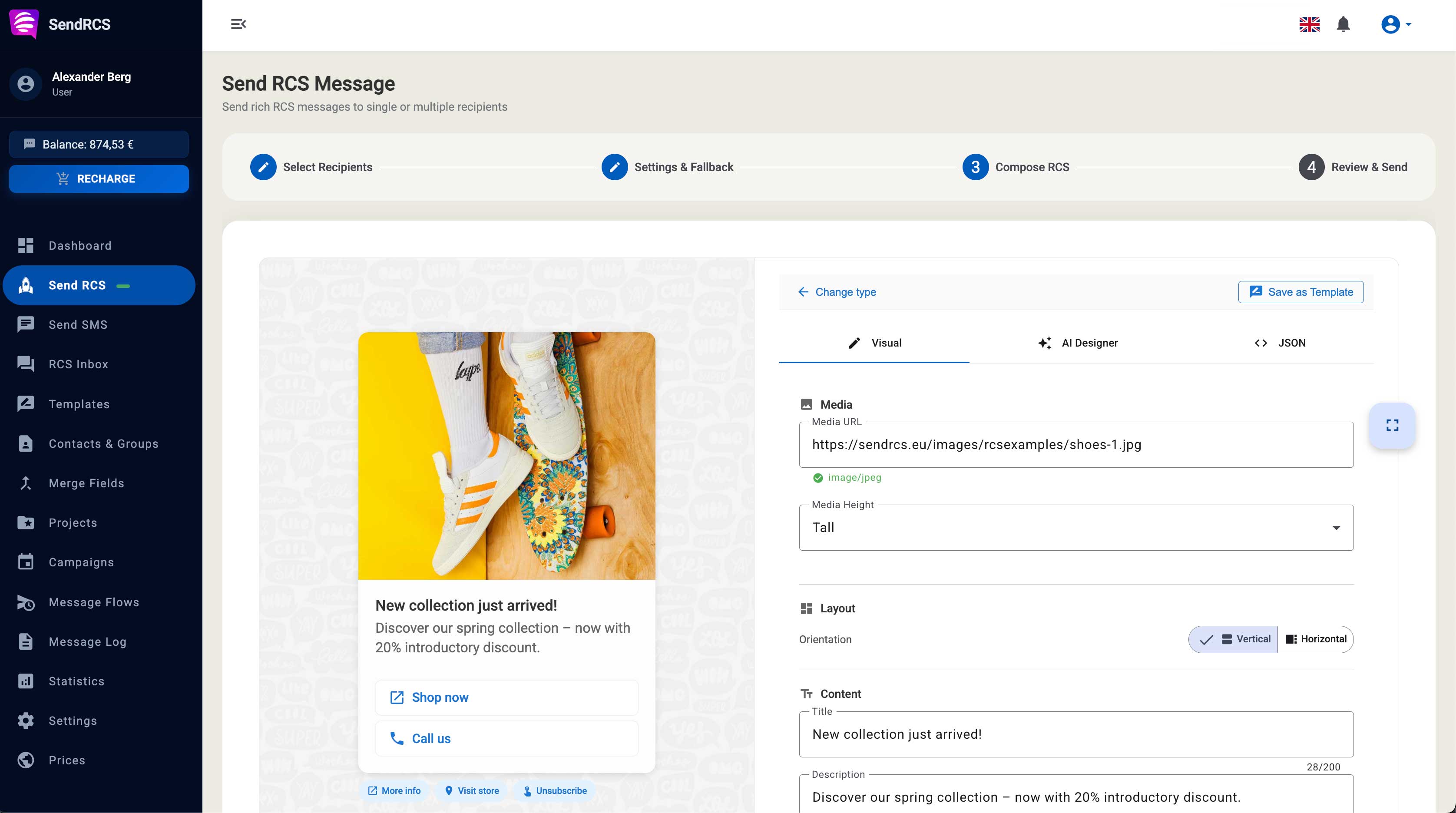 RCS-Nachrichten online senden - Rich Card-Nachrichten mit Bildern, Buttons und Karussells erstellen