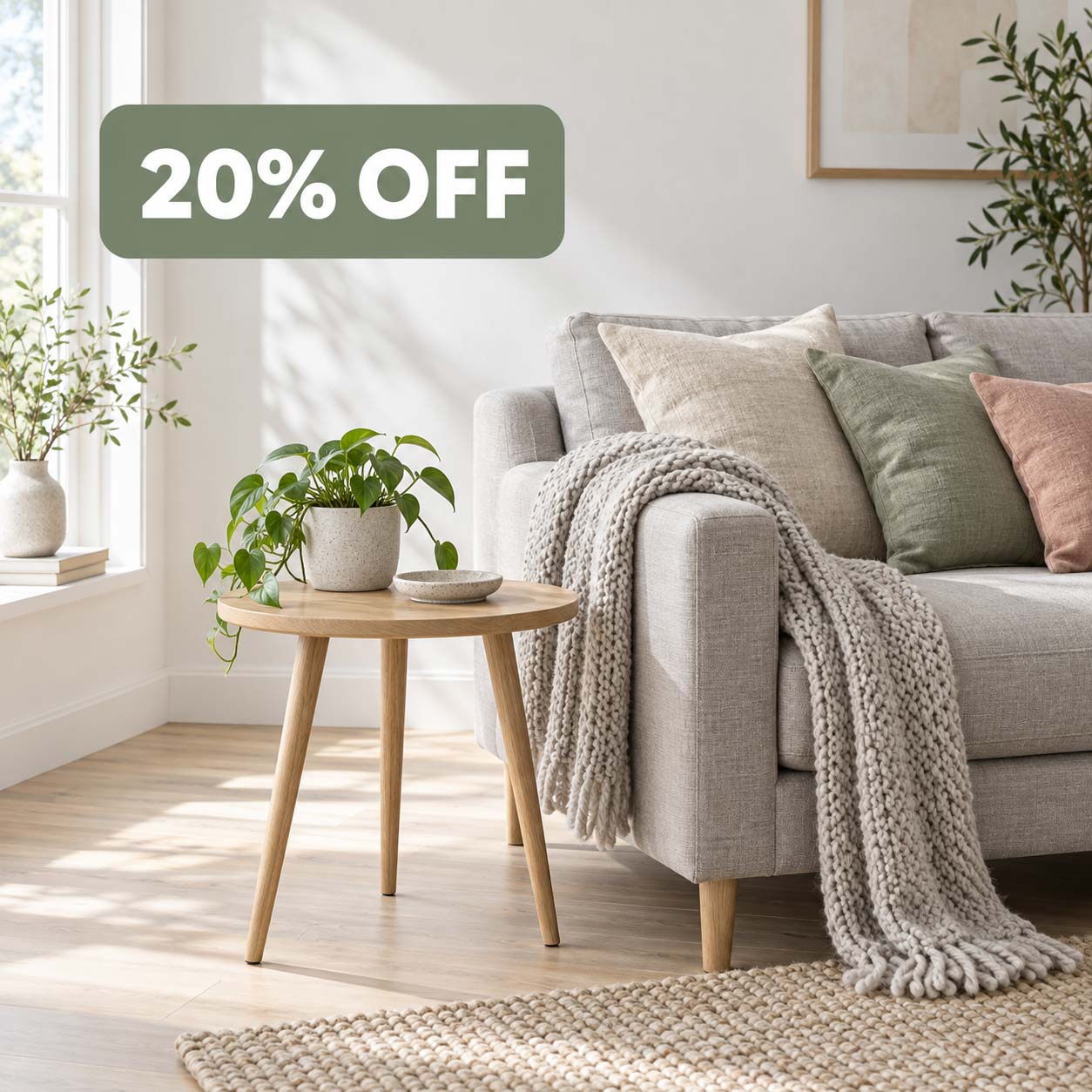 Wochenend-Sale – 20 % Rabatt auf Bestseller Wohnzimmer mit Beistelltisch aus Eiche, Leinenkissen und Wolldecke, mit 20 %-Rabatt-Badge