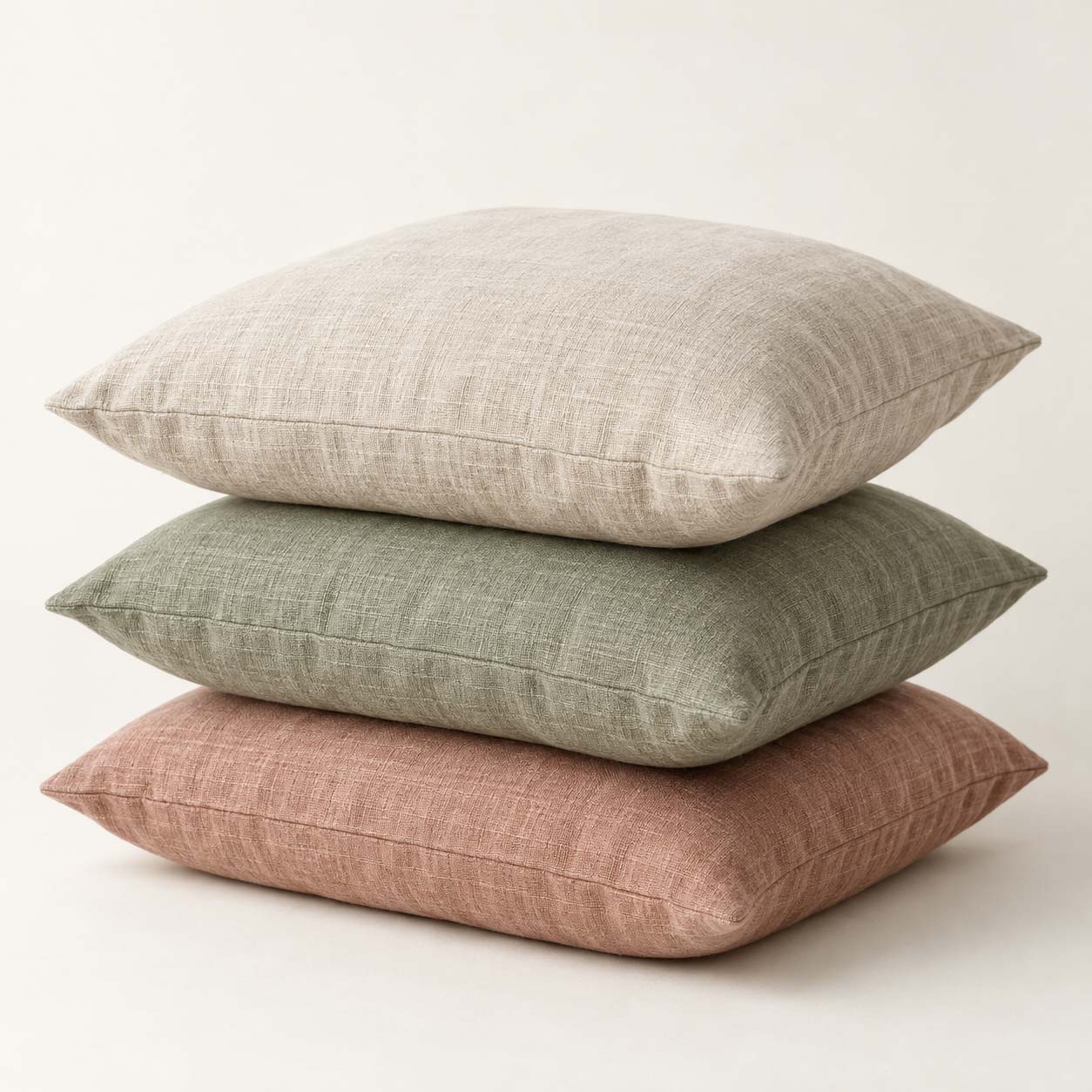 Leinenkissen-Set – Produktkarte aus Ihrem Shopify-Shop Drei Leinenkissen in Beige, Salbei und Terrakotta