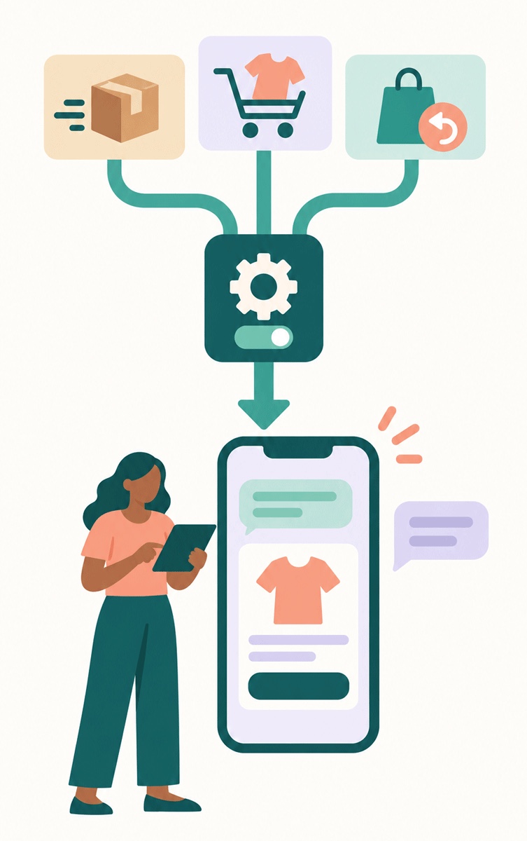 Versand-, Warenkorb- und Retouren-Trigger in Shopify Flow laufen über einen SendRCS-Schritt zu einer RCS-Nachricht auf dem Telefon