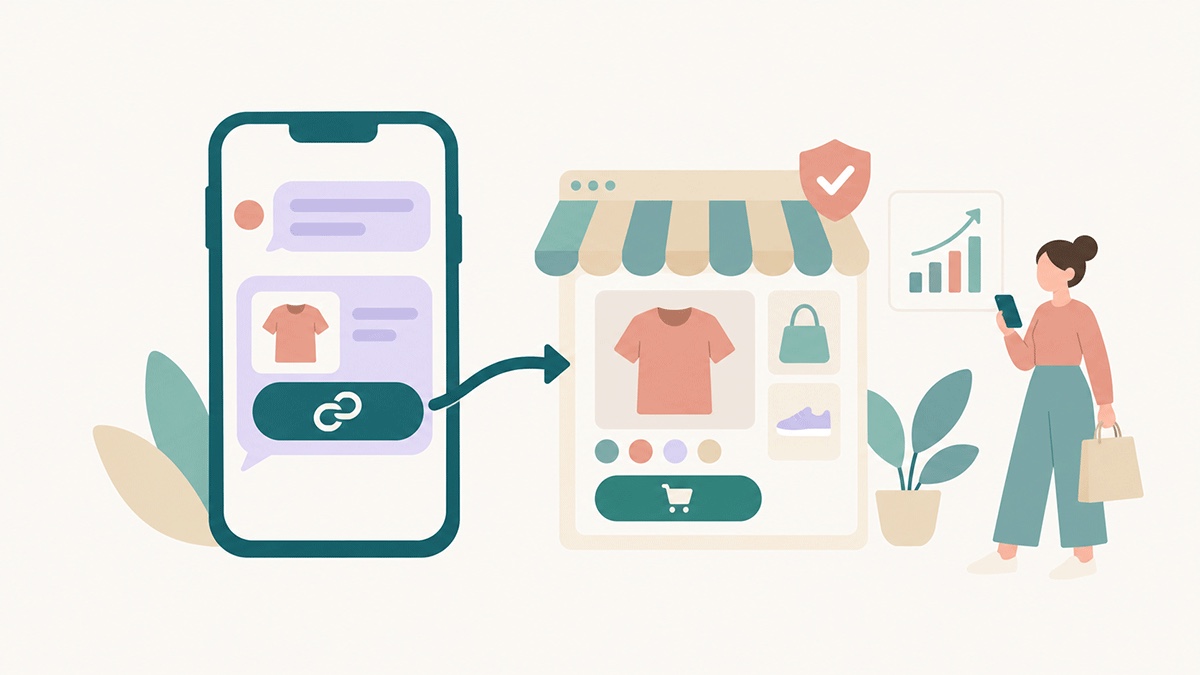 Ein getrackter Link in einer Nachricht öffnet einen vertrauenswürdigen Shopify-Shop auf der eigenen Domain