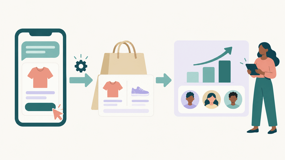 Ein Tipp auf eine RCS-Produktkarte führt zu einer Shopify-Bestellung, die als Umsatz und Käufer in der Statistik erscheint